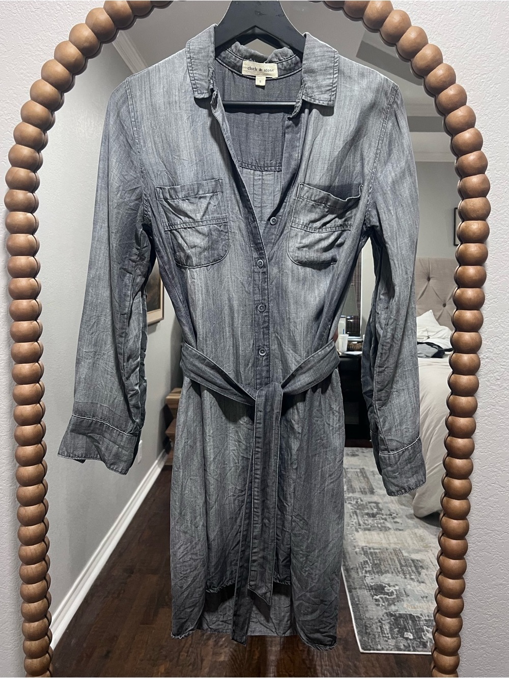 Cloth and Stone Washed Grey Button-Front Shirt Dress with Waist Tie